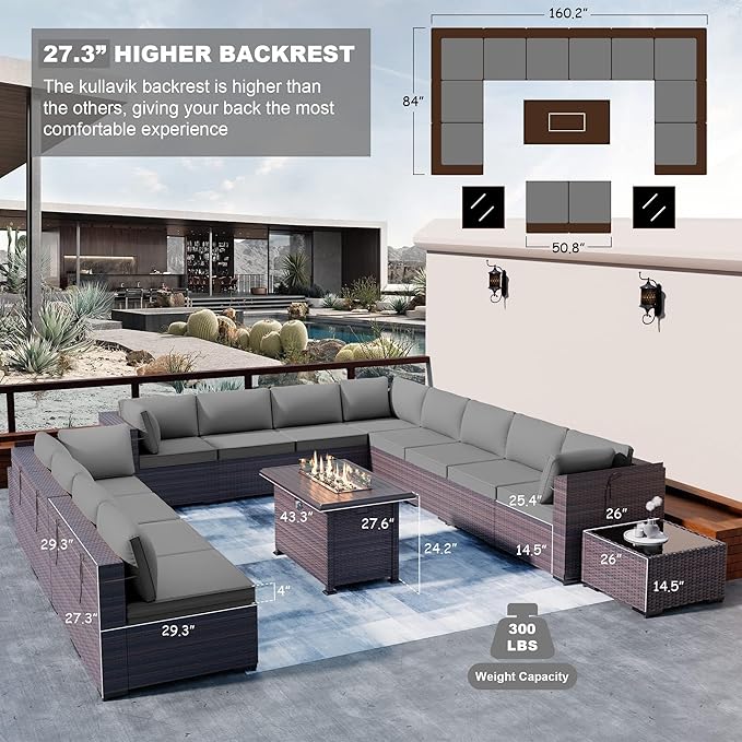 Kullavik 15 Pieces Outdoor Patio Furniture Set with 43" 55000BTU Gas Propane Fire Pit Table PE Wicker Rattan Sectional Sofa Patio Conversation Sets,Grey KULLAVIK
