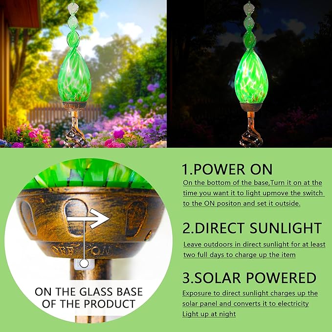 Solar Garden Lights Outdoor, Decorative LED Flame Garden Stakes, Hand Blown Glass and Outdoor Waterproof Glass Stakes (Green) Rootora
