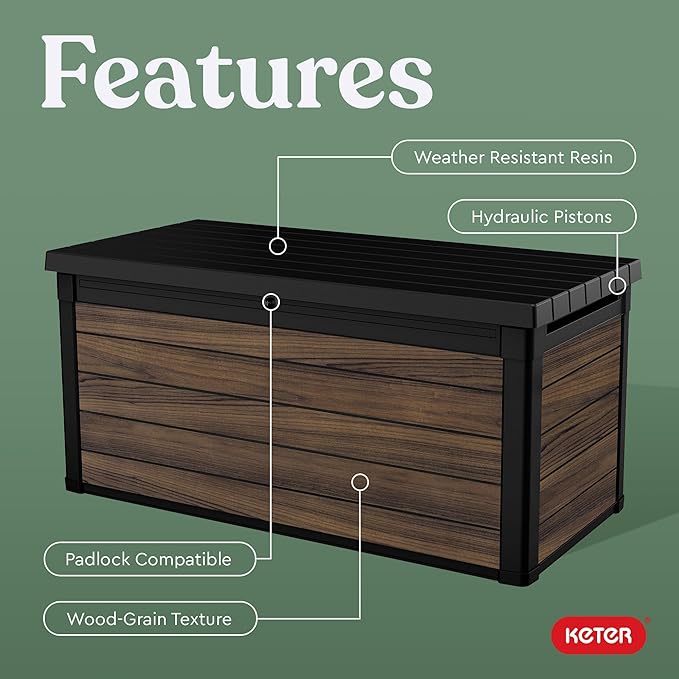 Keter Signature Collection 150 Gallon Resin Deck Box Organization and Storage for Patio Outdoor Cushions, Throw Pillows, Garden Tools and Pool Supplies, Rosewood Keter