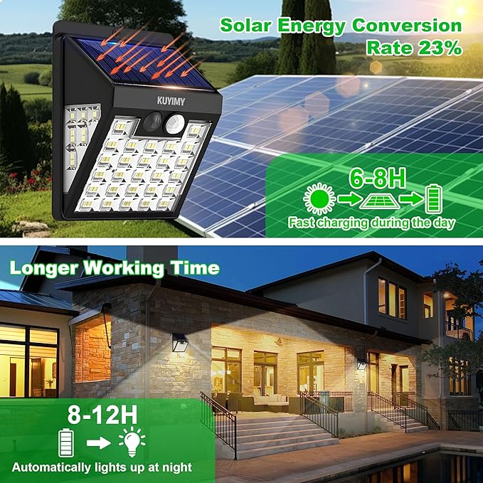 Solar Lights Outdoor, 72 LED Motion Sensor Wall Light, IP65 Waterproof and 3 Lighting Modes, Solar Powered Security Wireless Light Outside for Patio, Garden, Fence, Porch, Front Door(2 Packs) KUYIMY
