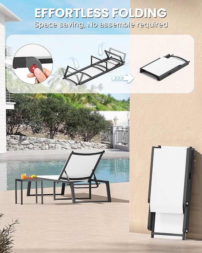 Aluminum Chaise Lounge Chair Outdoor, Foldable & Assembly Free Patio Pool Lounge Chairs 5-Position Recliner for Outside Poolside, Fully Grounded Legs Sun Lounger for Beach, Yard, Bright White Oasbira