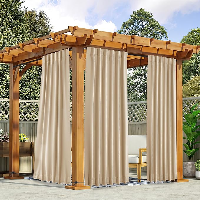 NICETOWN 2 Panels Outdoor Curtains for Patio Waterproof, Top & Bottom Fixed Waterproof Outdoor Drapes with Free Rope, Privacy Sun Blocking Shades for Gazebo, Pergolas, Biscotti Beige, W52 x L84 NICETOWN