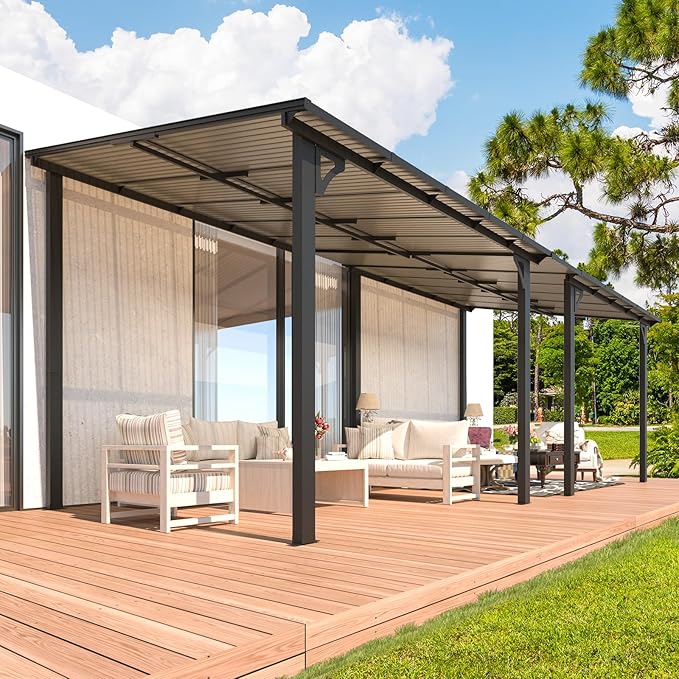 AECOJOY 22' x 8' Gazebo for Patio, Large Wall-Mounted Hard Top Lean-to Gazebo Pergola with Roof 8' x 22' on Clearance, Heavy Duty Patio Awnings for Decks, Backyard AECOJOY