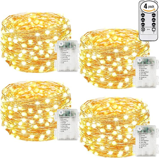 4Pack 240LED Christmas Fairy Lights Battery Operated with Remote, Waterproof String Lights with Timer for Indoor & Outdoor, Twinkle Lights Battery Power for Bedroom Christmas Decorations(Warm White) BHCLIGHT