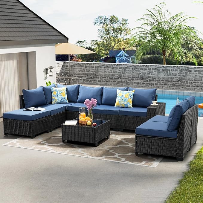 9 Pieces Patio Furniture Set All-Weather Outdoor Wicker Sectional Conversation Sofa Rattan Patio Seating Sofa with Cushion and Glass Table and Ottoman for Porch Poolside,Navy JOYURE