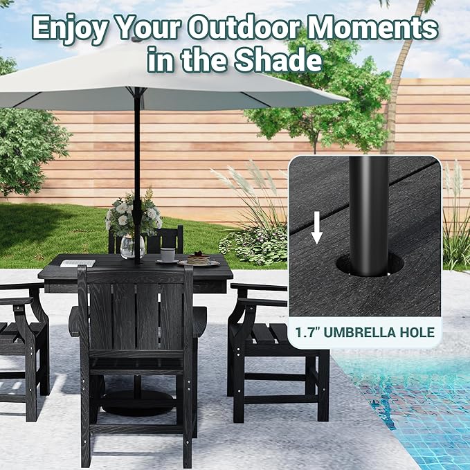 Pamapic 5 PCS Outdoor Dining Set, Spacious HDPE Outdoor Table and Chairs, Wood Grain Patio Furniture Sets with Elegant Armrest, All-Weather Patio Dining Table with Umbrella Hole, Black Pamapic