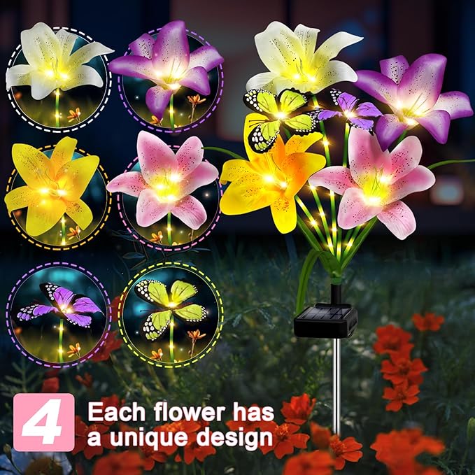 Solar Garden Lights Outdoor, 4 Pack Flower Lights for Outside, 16 Solar Lilies with Butterflies, Waterproof Garden Decor for Yard, Patio, Gifts for Women Mom (4 pcs Lilies) OSTRITEC