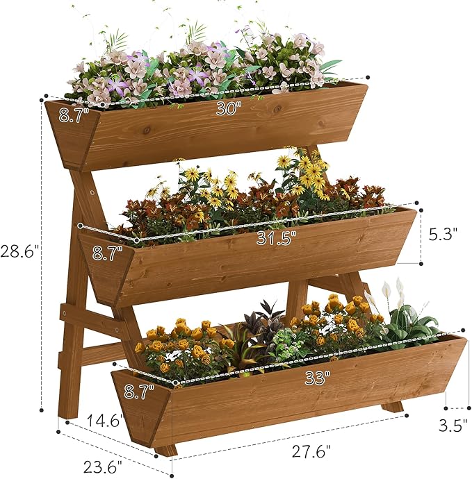 3-Tiers Wooden Raised Garden Bed,Wood Planter Box for Vegetable,Flower Rack,Flower Pot Stands,Indoor Outdoor Gardening Planting Beds (Brown, Large) Kitsanery
