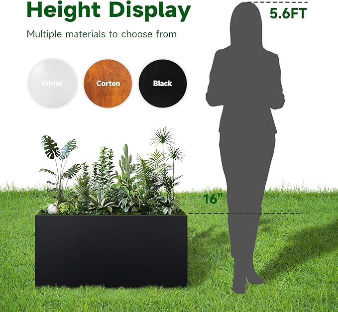 Steel Planter 36" x 12" x 16" Metal Rectangle Outdoor Planter Black Powder Coated Flower Box Metallic Heavy Pot Indoor & Outdoor, Commercial & Residential (L36 x W12 x D16, Black) DISCOVERINGBEAUTY