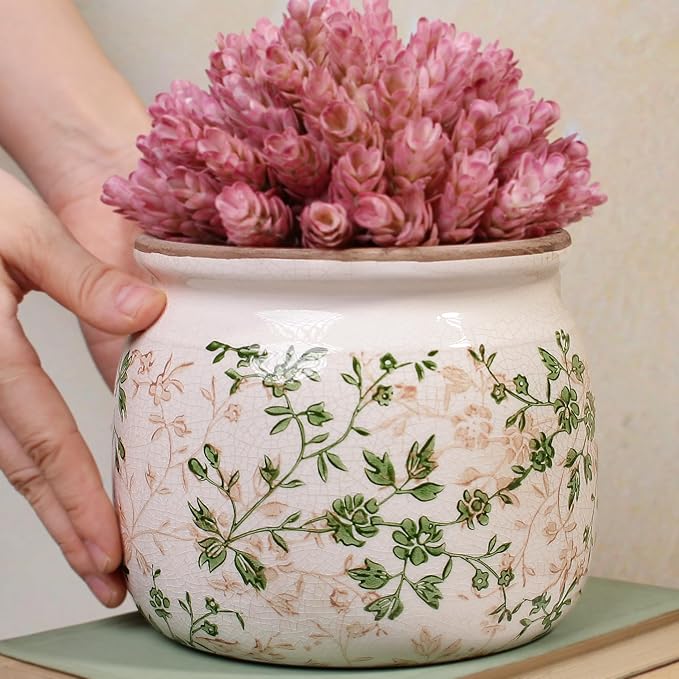 Vintage Country Ceramic Vase and Planters, 6.29 Inch Small Plant Pots for Indoor English Garden Decor, Old World Room & Home Decor, Sage Beige XiaanJiaju