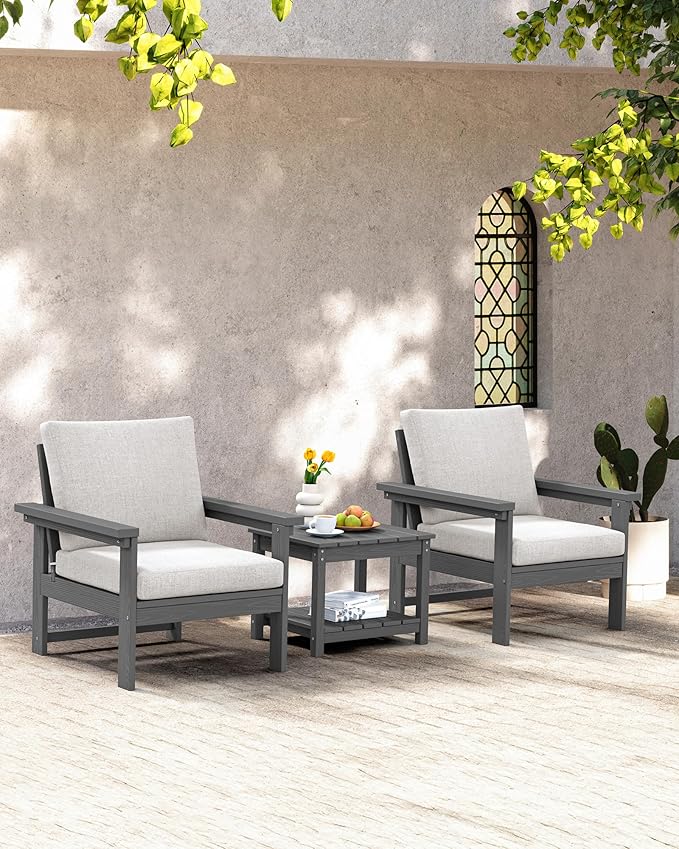 SERWALL HDPE Patio Sofa Set, 3-piece Sectional Outdoor Furniture Set, All Weather Outdoor Couch Set Patio Furniture Set for Deck, Lawn, Grey Frame with Khaki Cushion SERWALL