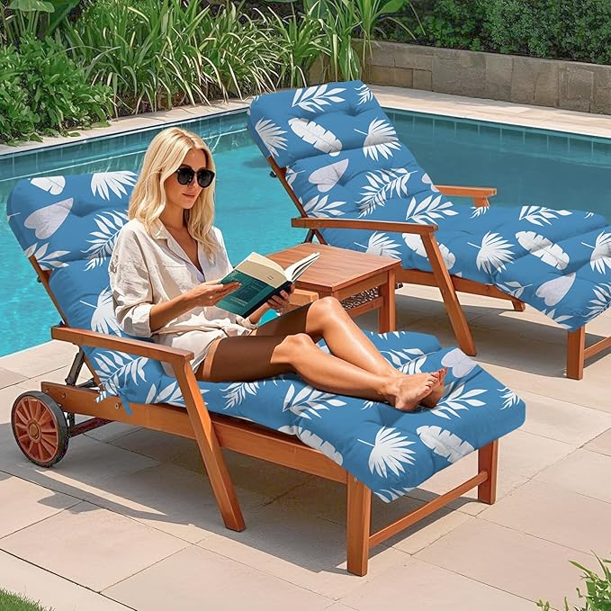 4 Pack Outdoor Chaise Lounge Chair Cushion 75.1 x 22.8 x 4.7 Inches 100% Waterproof Replacement Cotton Patio Pool Lounge Chair Cushion for Outdoor Furniture with Ties, Blue Leaf Uthem