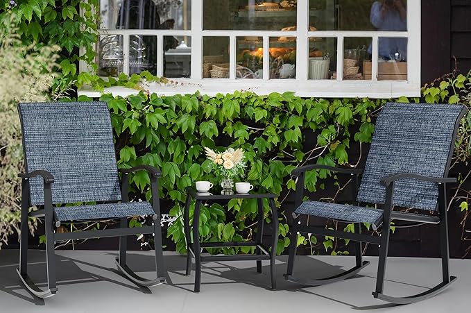 Vongrasig 3 Piece Outdoor Rocking Bistro Set, Textilene Fabric Small Patio Furniture Set, Front Porch Rocker Chairs Conversation Set with Glass Table for Lawn, Garden, Balcony, Poolside (Denim Blue) Vongrasig