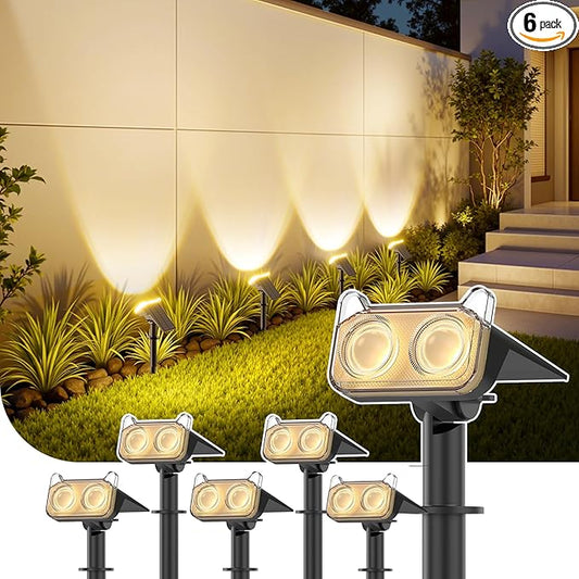 WdtPro Solar Lights Outdoor Waterproof, Solar Spot Lights Outdoor with Optical Lens, Auto ON/Off, 30H+ Runtime, Landscape Spotlights for Flag Yard Path Garden Tree, Warm White 6 Pack WdtPro