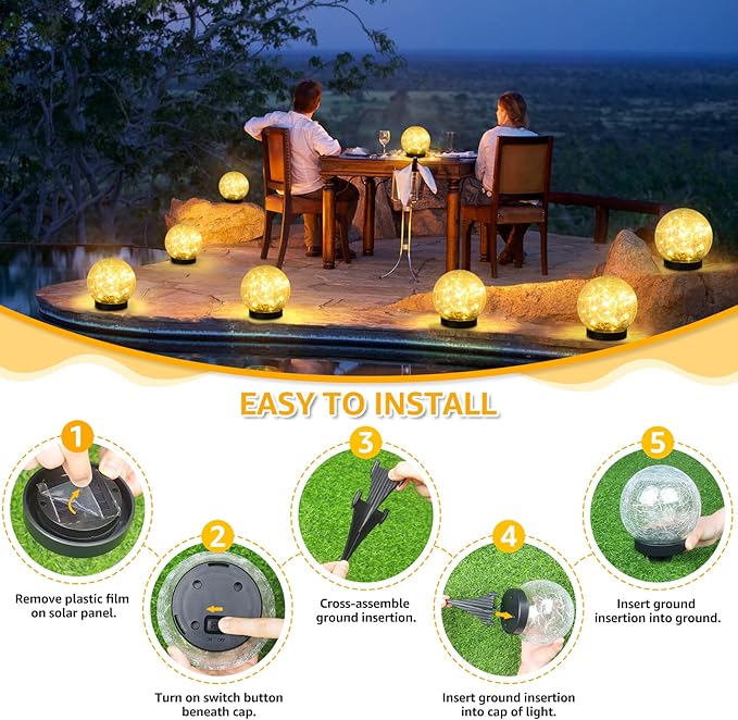 2-Pack Garden Solar Lights Outdoor, Cracked Glass Ball Light Waterproof, Decorative Solar Globe Lights Warm White for Yard Pathway Patio Lawn ASOMST