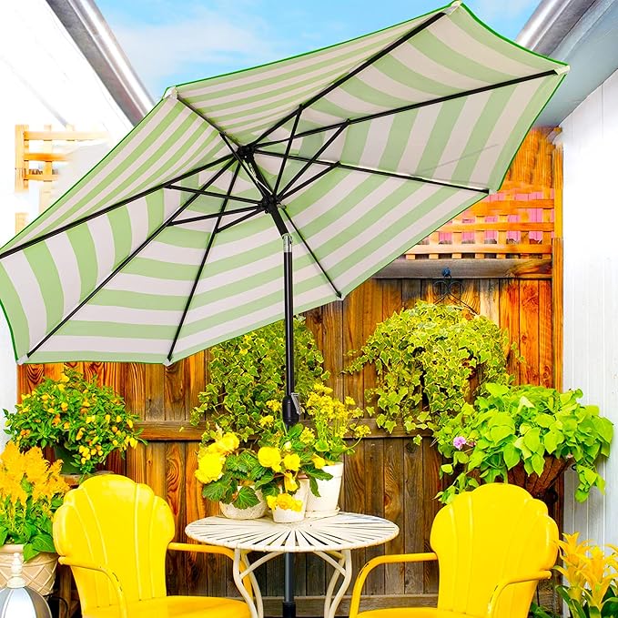 Sunnyglade 9' Patio Umbrella Outdoor Table Umbrella with 8 Sturdy Ribs (Grass Green and White) Sunnyglade