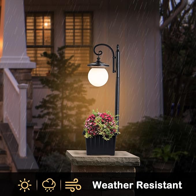 Outdoor Post Light with Planter, Matte Black Solar Lamp Post Light with Globe Shade, 2 in 1 Waterproof Solar Post Lights Outdoor Planter for Outside Gardan Pathway YonaveilLighting