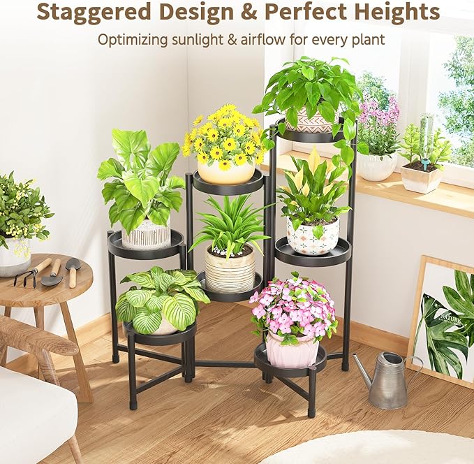LASZOLA 7 Tiered Folding Tall Plant Stand Indoor for Multiple Large Planter, Heavy Duty Metal Adjustable Flower Rack for Narrow Corner, Sturdy Vertical Spiral Shelving Holder for Modern House, Black LASZOLA