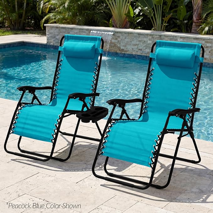 Best Choice Products Set of 2 Extra Wide Adjustable Steel Mesh Zero Gravity Lounge Chair Recliners w/Pillows and Cup Holder Trays - Peacock Blue Stripes BestChoiceProducts