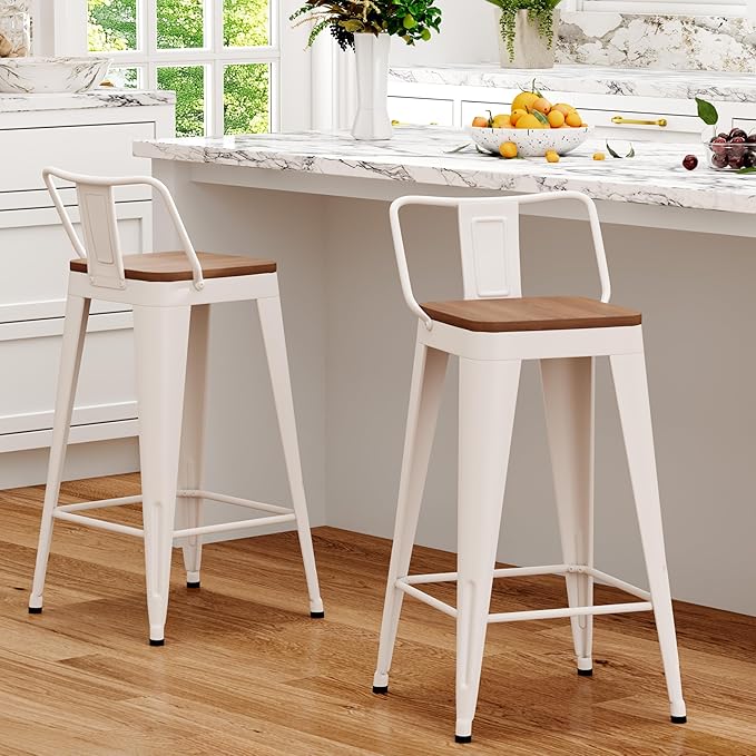 WENTMENT Metal Bar Stools Set of 2 Counter Height Barstools with Removable Back 24" Kitchen Bar Stools with Wooden Seat,Off White WENTMENT