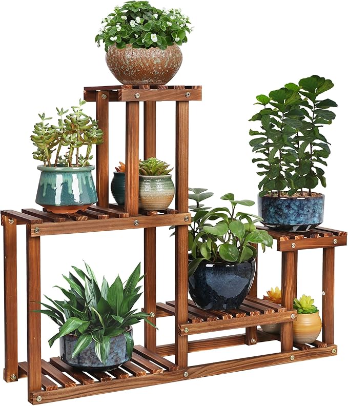 Pine Wood Plant Stand Indoor Outdoor Multi Layer Flower Shelf Rack Higher and Lower Plant Holder in Garden Balcony Patio Living Room (4 Tiers ) COOGOU