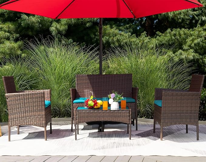 Greesum Patio Furniture 4 Pieces Conversation Sets Outdoor Wicker Rattan Chairs Garden Backyard Balcony Porch Poolside loveseat with Soft Cushion and Glass Table, Brown and Blue BuynowfromGreesum