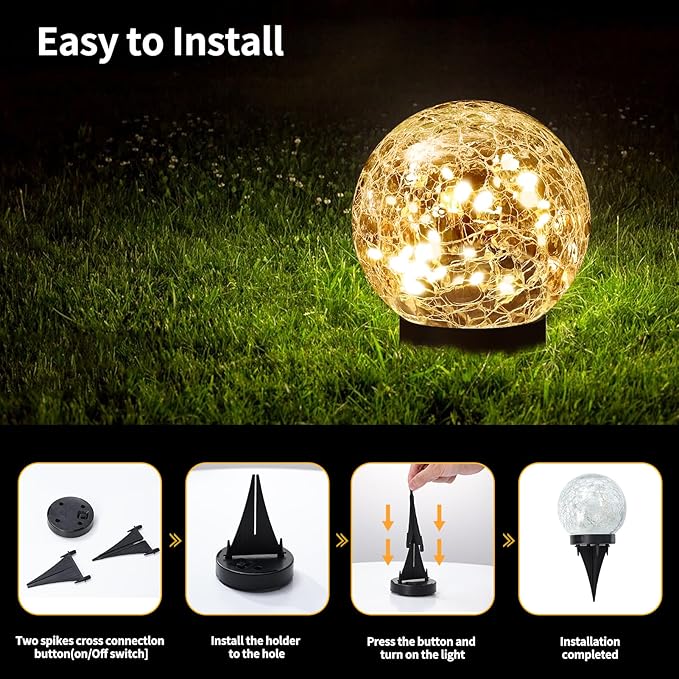 Solar Globe Lights Outdoor Waterproof-Solar Balls Garden-Cracked Glass Ball Solar Lights Outdoor-Solar Orbs Outside-Outdoor Decorations Patio & Yard Lawn Backyard Decor (GUO-XBQ-5-5-5) JKIMK
