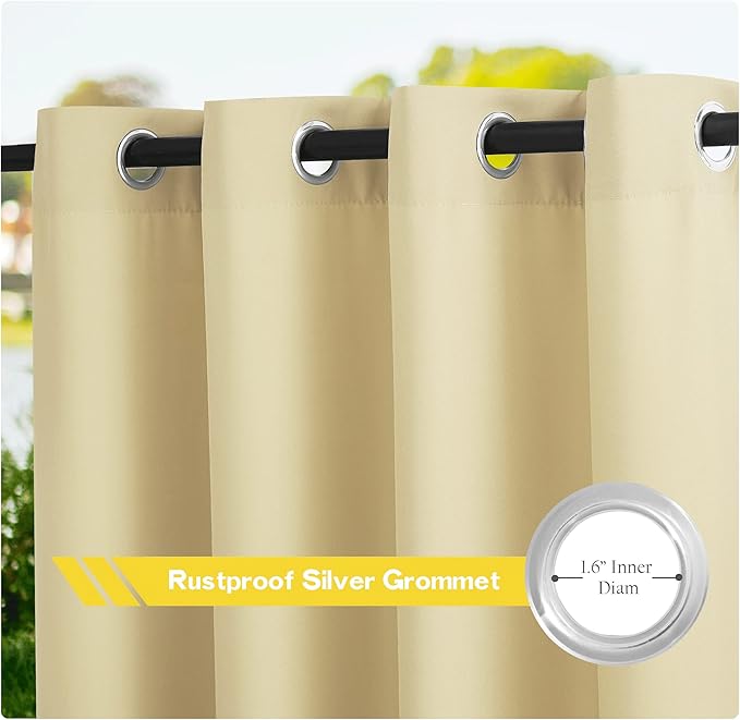 NICETOWN 2 Panels Outdoor Curtains for Patio Waterproof, Weatherproof Grommet Top Thick Indoor Outdoor Vertical Drapes Heat Block Dustproof for Porch/Cabana/Gazebo, Beige, W55 x L78 NICETOWN