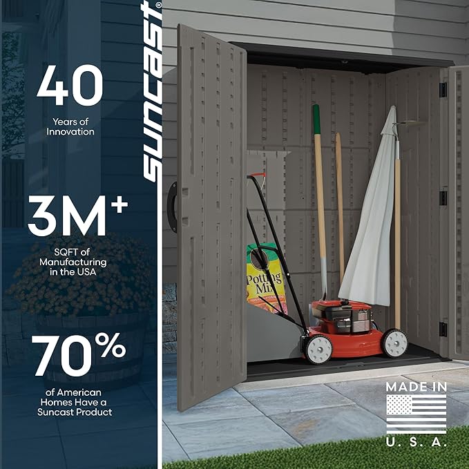 Suncast Outdoor Storage Cabinet Waterproof Resin Vertical Outdoor Storage Shed (54 cu. ft.) for Patio, Garden Tools, Cushions, & Equipment. Weatherproof Plastic Multi-Wall Design, Capacity Made in USA Suncast
