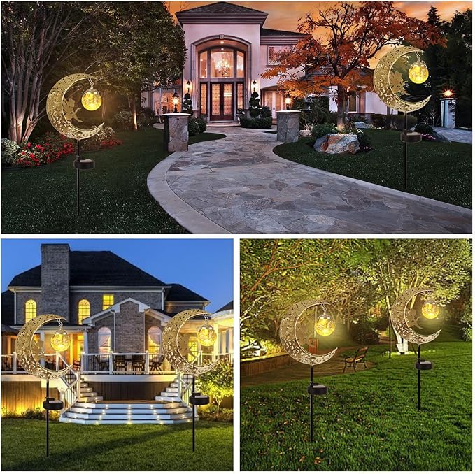 Solar Lights Outdoor Waterproof Fairy Moon Crackle Glass Lights with Metal Angel Decor for Walkway Yard Patio or Garden Gifts for Mom Grandma Friends QOCNAM