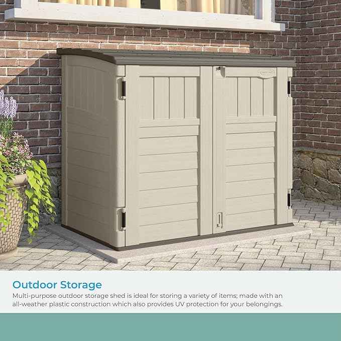 Suncast 34 Cu Ft Horizontal Resin Plastic Storage Shed - Outdoor Storage Shed with Floor Included, Lockable, Weatherproof, Fits Small to Medium Trash Cans, Generators, & Garden Tools, Vanilla Stoney