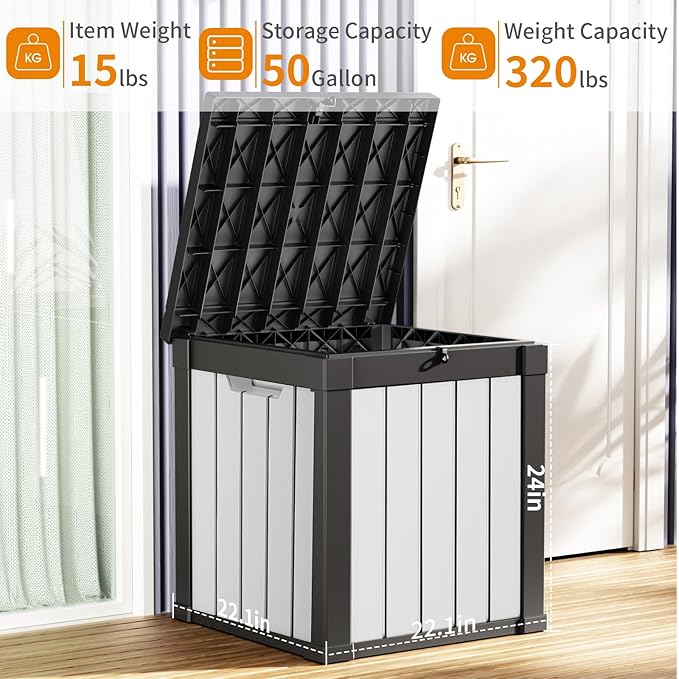 EasyUp 50 Gallon Deck Box Outdoor Storage Box for Patio Furniture,Outdoor Cushions,Garden Tools and Pool Supplies,Waterproof,Resin（Black&White） EASYUP