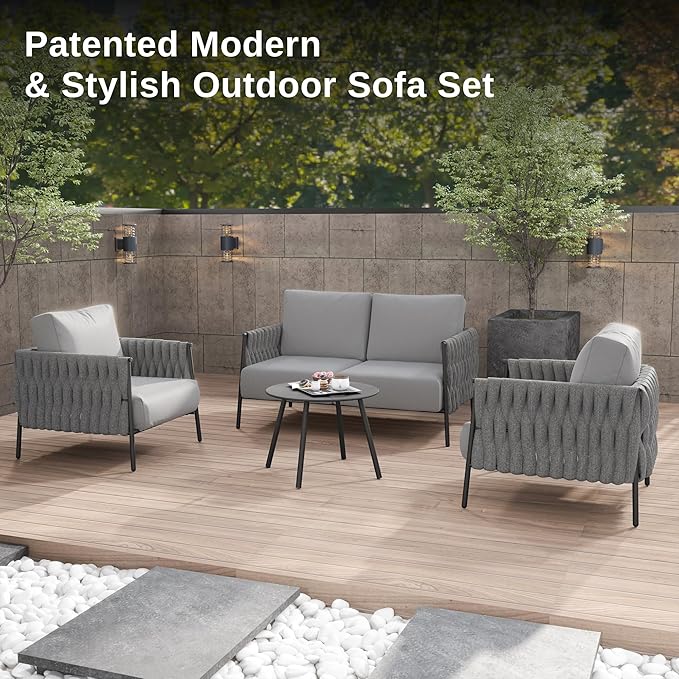 EAST OAK Life Chatter 4 Pieces Patio Furniture Set, Outdoor Furniture with Coffee Table, Patio Conversation Set Deep Seating with Thick Cushion, Backyard Porch Balcony, Earth Black & Misty Grey EASTOAK