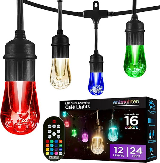 Enbrighten Vintage Outdoor String Lights, 24ft, 12 RGB Acrylic Bulbs, Weatherproof, RF Remote Control, Perfect for Holidays, Gameday, Parties, and More, 37791 Enbrighten