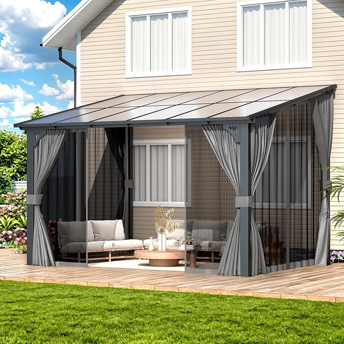 AECOJOY 12' x 8' Gazebo Outdoor Pergola with Curtains and Netting, 8'x12' Hard Top Lean to Pergolas and Gazebos Clearance with Patio Roof, Large Wall-Mounted Heavy Duty Awnings for Patio, Decks AECOJOY