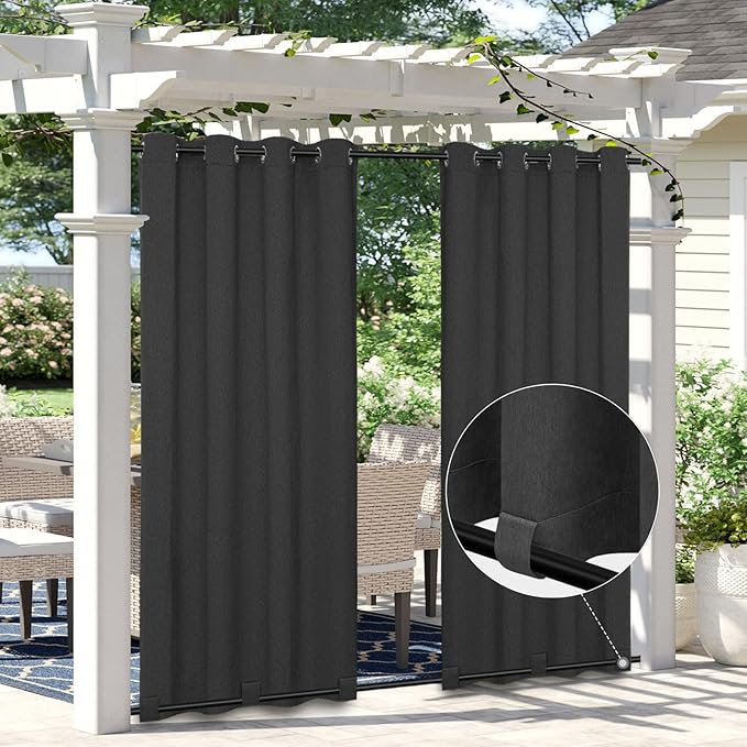 Easy-Going Linen Look Outdoor Curtains Waterproof Windproof Porch Curtains, Soft Thicken Outdoor Privacy Curtains for Patio, Gazebo, Grommet Top and Tab Bottom Drape, 1 Panel, 54x120 inch, Black Easy-Going