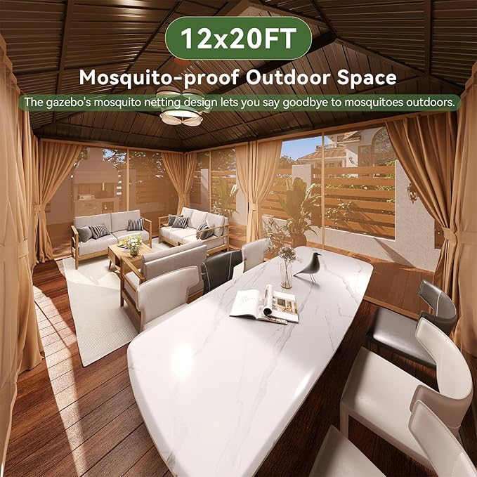 Aoxun 20x12 Gazebo Outdoor Hardtop Gazebo with Double Galvanized Steel Roof, Metal Frame Pavilion with Breathable Netting and Privacy Curtain for Backyard (Brown) Aoxun