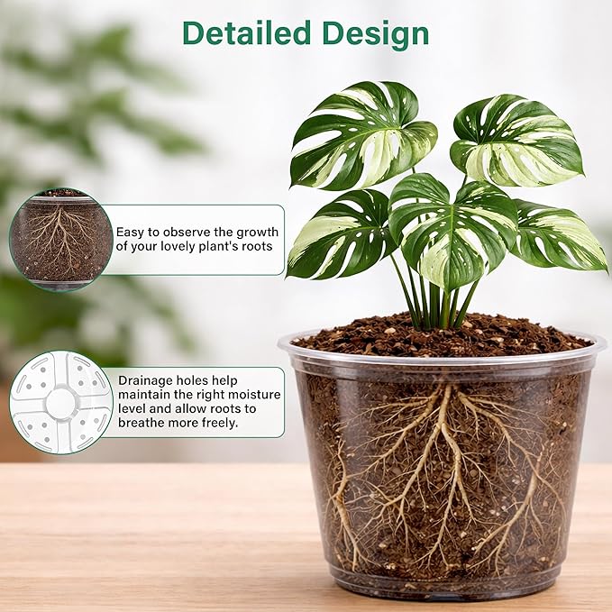 16 Pack 10/8/6/5 Inch Reinforced Large Clear Nursery Pots with Drainage Holes, Transparent Variety Pack Plastic Plant Pot for Vegetable Propagation, Root Cutting, Seed Starting Bluepro
