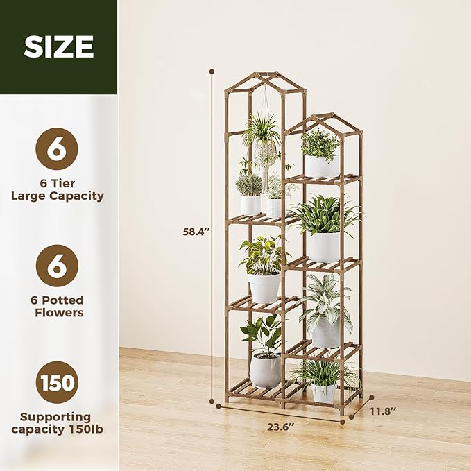 Bamworld Tall Plant Stand Indoor Outdoor Corner Plant Shelf Hanging Plant Holder Wood Flower Stand Plant Decor for Living Room Garden Balcony Patio Bamworld