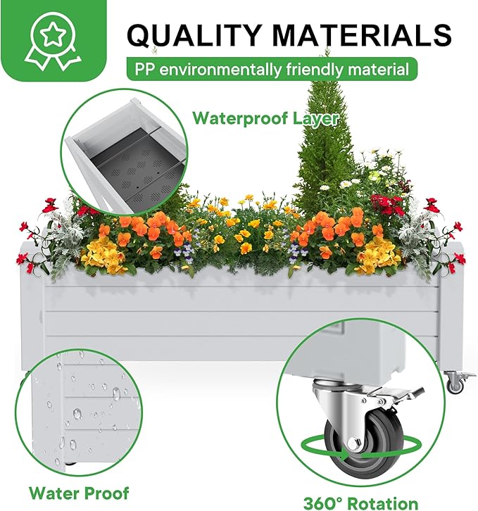 Raised Garden Bed with Wheels, 21 Gallon Self-Watering Outdoor Raised Planter Box with Drainage Plug & Gauge for Vegetables Flowers Herbs, Rustproof Resin for Backyard Patio Porch (Ashen) OutdoorLivingPerfected