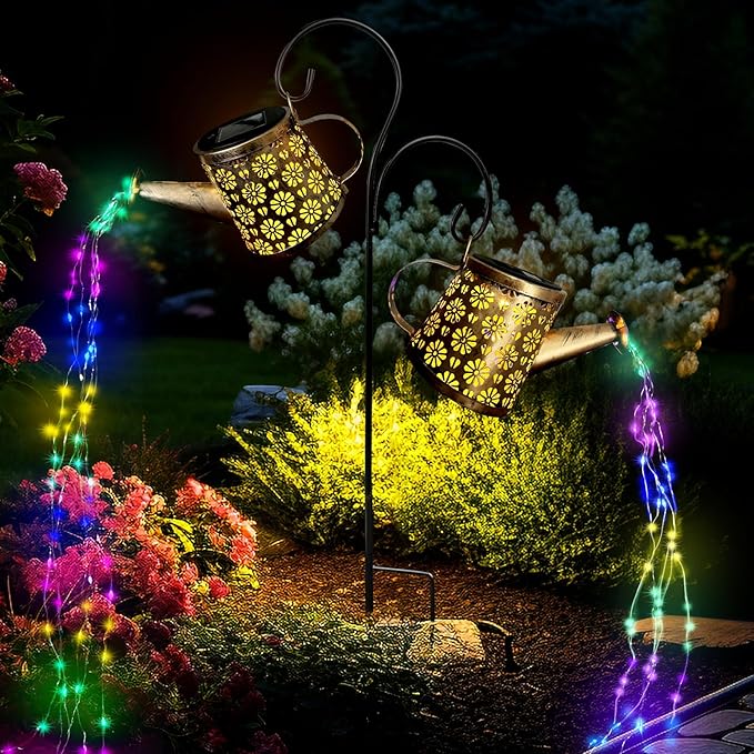 Solar Watering Can Lights Outdoor, IP65 Waterproof Garden Decor Solar Garden Light 8 Multi-Color Changing Modes One Pole Two Lights Outdoor Decorations for Yard, Lawn, Patio WITOROR