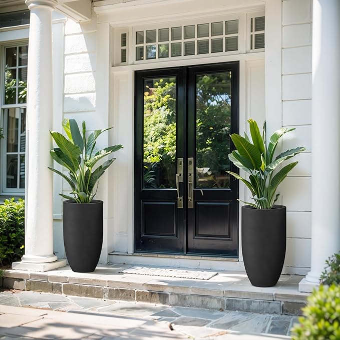 Kante 24 Inch Tall Round Concrete Planter, Large Indoor Outdoor Plant Pots with Drainage Hole and Rubber Plug, Modern Decorative Garden Pots for Home Patio Porch, Black Kante