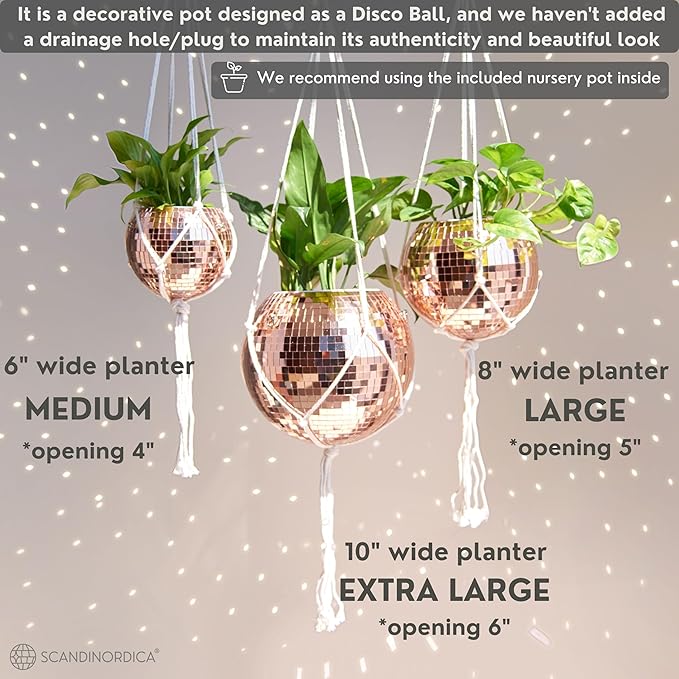 SCANDINORDICA Disco Ball Planter – Value Package: Mirror Disco Planter with Chain, Macrame Hanger and Acrylic Stand for Desk, Self Watering Insert, Plant Lover Gifts | 10 inch Rose Gold SCANDINORDICA