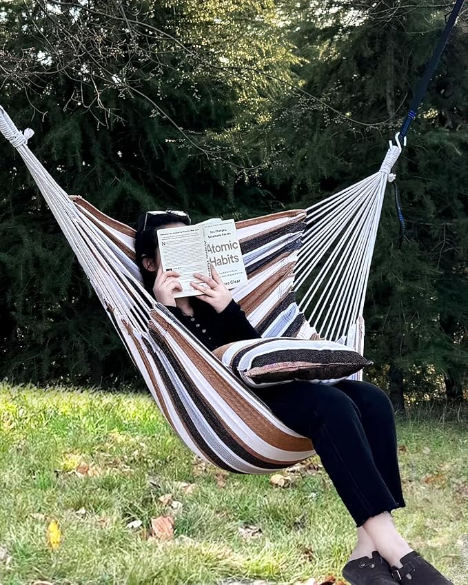 Halalona Hammock Chair Hanging Hammock Chair Rope Swing 2 Cushions Included-Sturdy & Durable Soft Cotton Hand Woven Hammock Swing for Bedroom, Porch, Patio-Indoor/Outdoor Halalona