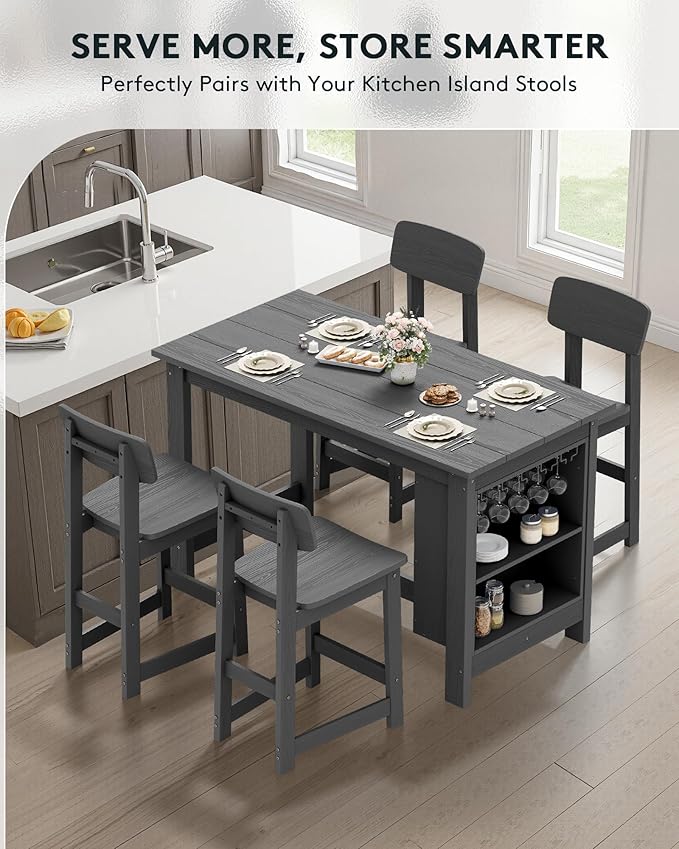 SERWALL 8-Piece Counter Height DiningTable Sets with Storage and Wine Rack, HDPE 2 Rectangular Bar Table with Bar Stools Set of 6 for Garden, Backyard, Kitchen, Gray SERWALL