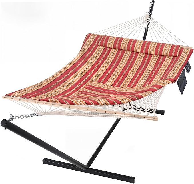 SUNCREAT Hammocks Portable Hammock with Stand, Hammock with Stand 2 Person Heavy Duty for Bedroom, Backyard, Patio, Balcony, Red Stripe SUNCREAT