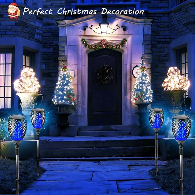4 Pack Outdoor Solar Flame Light,Solar Lights Outdoor for Garden Decorations with Flickering Flame,IP65 Waterproof Solar Powered Yard Lights Torch Light for Lawn Patio Pathway (Blue) Rootora