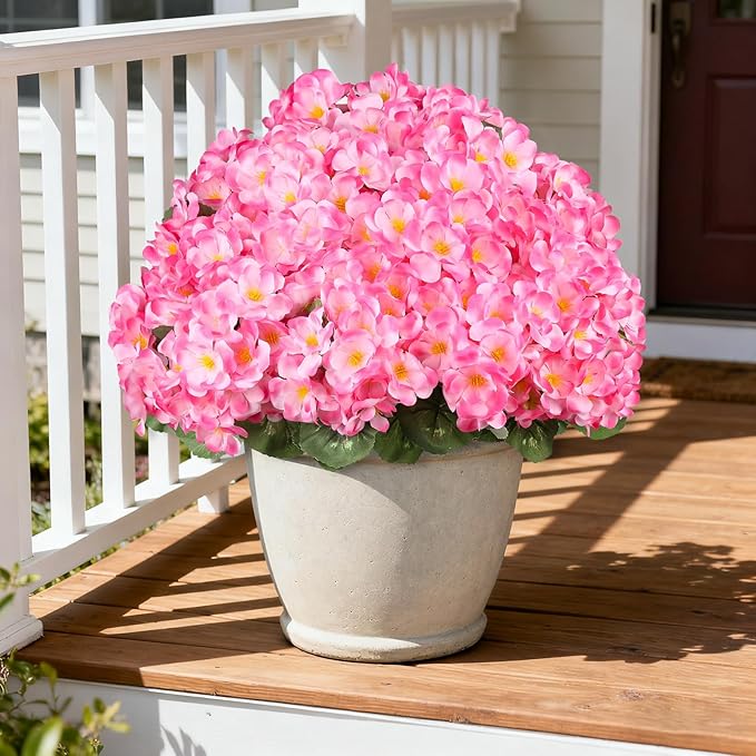 Artificial Geraniums Flowers for Outdoors, 6 Bundles Realistic Silk Fake Geranium, No Fade Faux Plants for Hanging Baskets, Window Boxes, Pots - Porch, Patio, Garden Decor(Pink) AmberFun