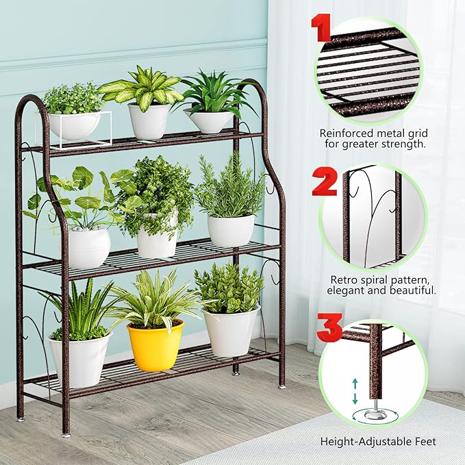 SORCEDAS Plant Stand Indoor Outdoor Plant Shelf 3 Tier Metal Corner Flower Stand Multiple Holder for Patio Garden Balcony Living Room, Bronze SpecialYourHome