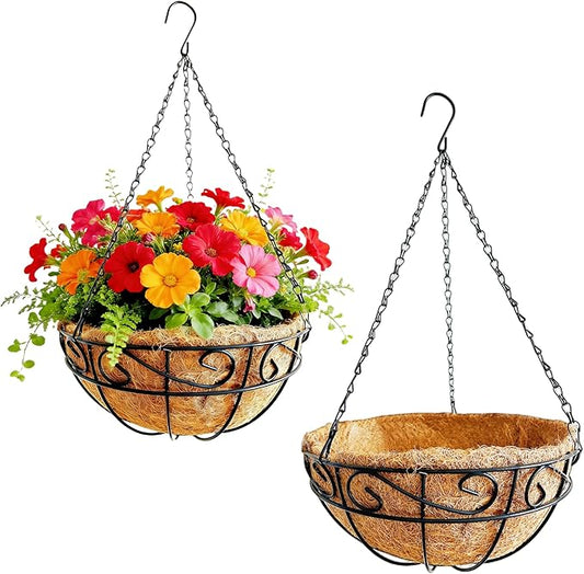 Hanging Planters for Outdoor Plants,2 Pack 12 inch Wire Hanging Baskets with Coco Coir Liner,Hanging Flower Basket for Indoor,Outdoor Garden Decoration Rolanrosa